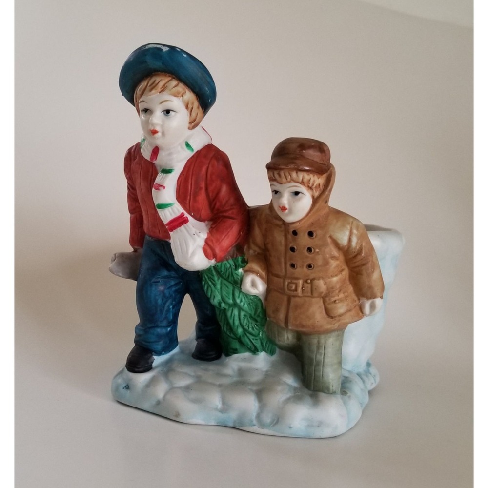 Vintage Ceramic Christmas Planter Boys Carrying Tree Winter Figurine Decor